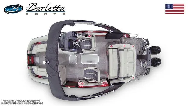 Slide: The Image of Top view of 2025 Barletta Twin L25UCAT pontoon boat with seating and dual engines. - 7