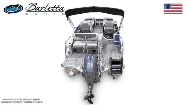 Slide: The Image of 2024 Barletta Cabrio C20UC pontoon boat, rear view, with outboard motor and seating. - 6