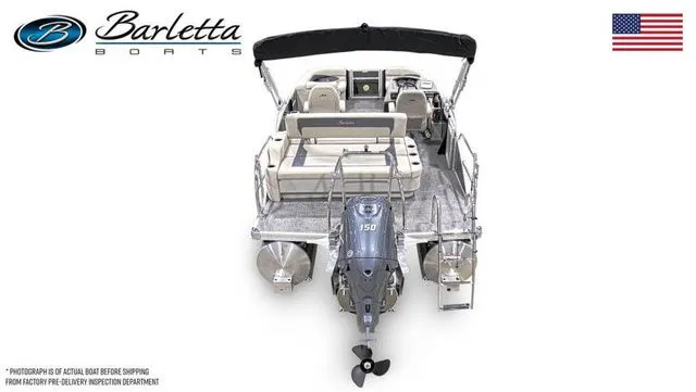 Slide: The Image of 2024 Barletta Aria A20UC pontoon boat, rear view, featuring a powerful outboard motor. - 6