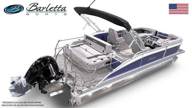 Slide: The Image of 2025 Barletta A22UC pontoon boat with Mercury engine, featuring luxury seating and sleek design. - 4