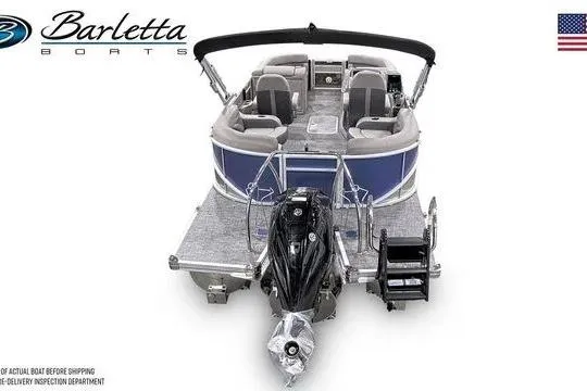 Slide: The Image of 2024 Barletta Corsa 21QC pontoon boat, rear view, showcasing seating and motor. - 9