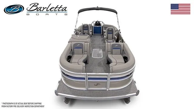 Slide: The Image of 2024 Barletta Corsa 21QC pontoon boat, front view, luxury seating, American flag. - 5