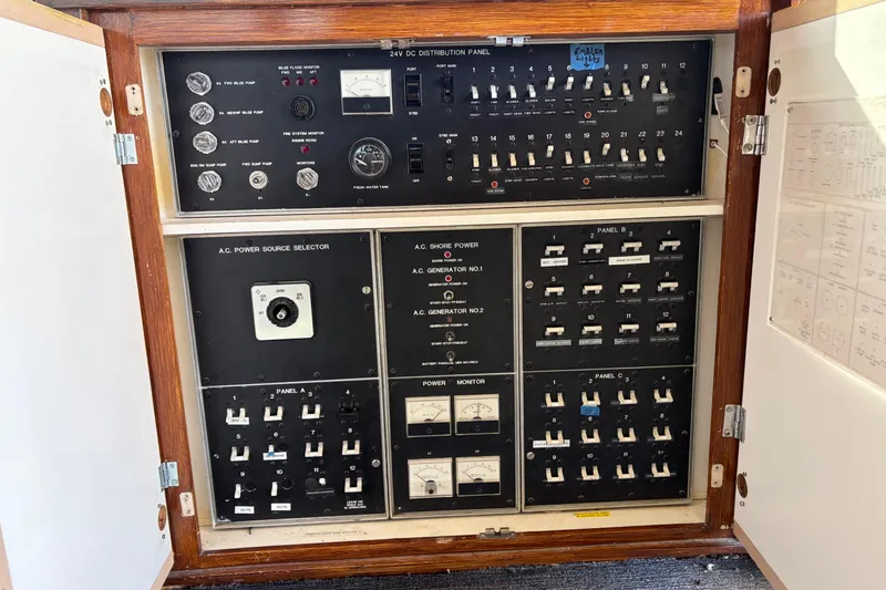 Slide: The Image of Electrical control panel inside a 1994 Bertram 60 Convertible yacht, featuring switches and gauges. - 9