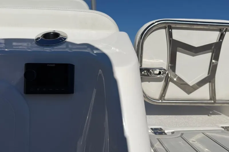 Slide: The Image of 2026 Sea Fox 268 Commander boat interior with Fusion audio system and sleek design elements. - 15