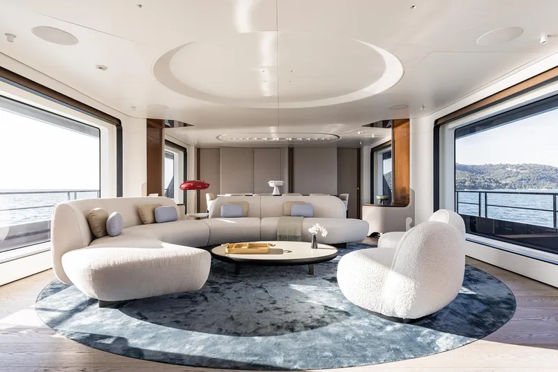 Slide: The Image of Luxurious interior of 2024 Azimut Grande 36M yacht with modern seating and panoramic windows. - 42