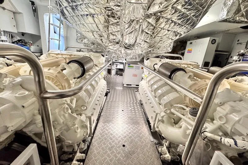Slide: The Image of Engine room of 2026 Azimut Grande Magellano 25 Metri yacht, featuring dual engines. - 84