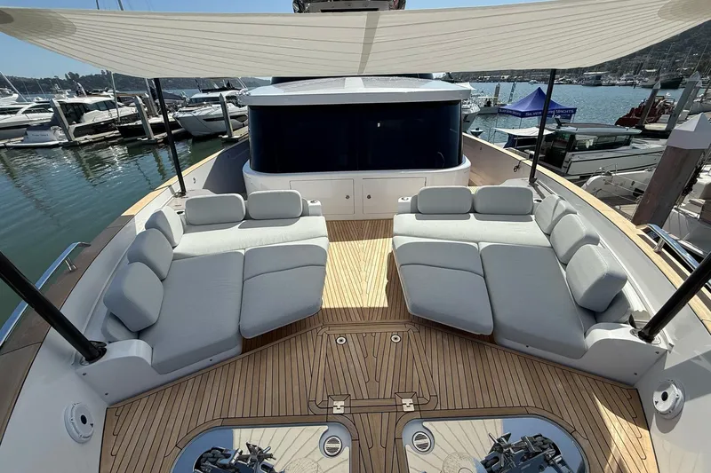 Slide: The Image of Luxurious deck seating on 2026 Azimut Magellano 25M yacht, featuring elegant design and waterfront views. - 105