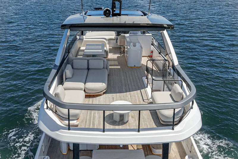 Slide: The Image of Luxurious 2026 Azimut Fly 72 yacht with spacious deck and elegant seating on the water. - 27