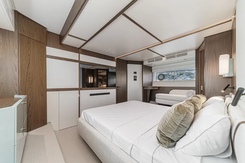 Slide: The Image of Luxurious bedroom interior of 2026 Azimut Fly 72 yacht with modern design and elegant furnishings. - 55