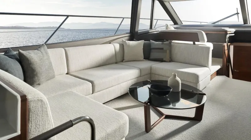 Slide: The Image of Luxurious interior of 2025 Princess F65 yacht with elegant seating and sea view. - 11