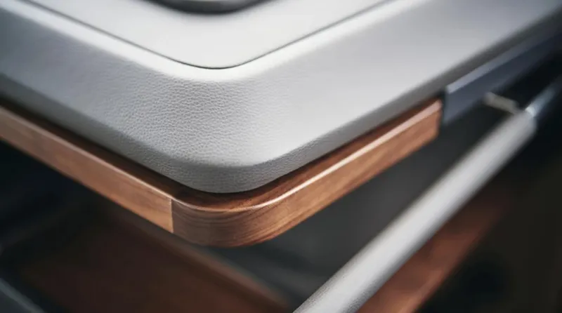 Slide: The Image of Close-up of 2025 Princess F65 yacht interior, showcasing sleek wood and leather design elements. - 17