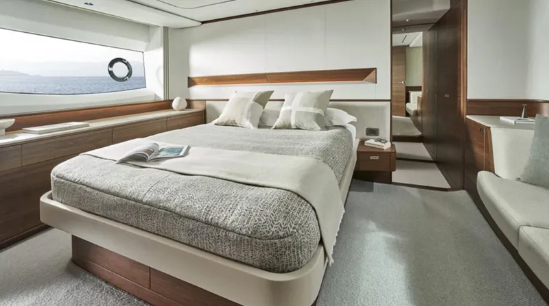 Slide: The Image of Luxurious bedroom interior of 2025 Princess F65 yacht with modern design and ocean view. - 22
