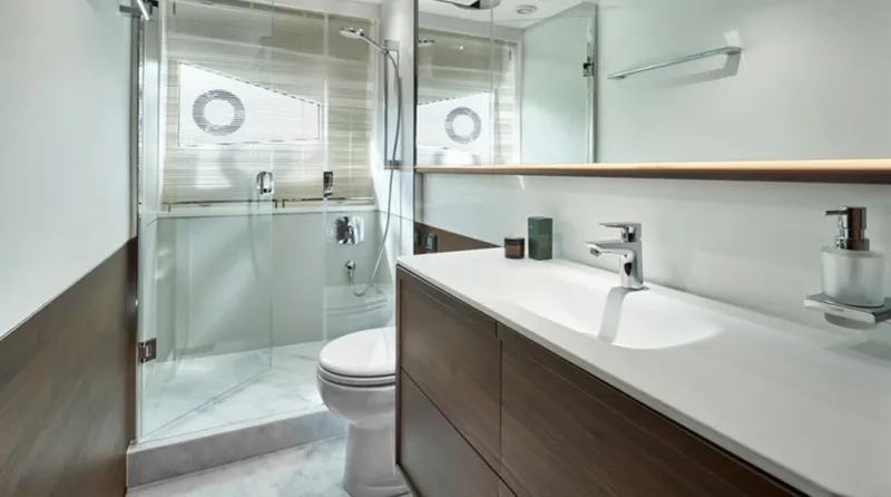 Slide: The Image of Luxurious bathroom in 2025 Princess F65 yacht with modern fixtures and glass shower. - 25