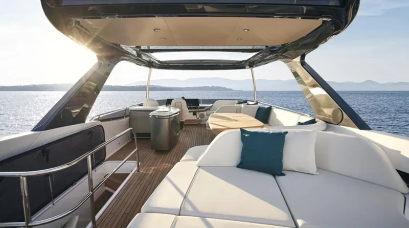Slide: The Image of Luxurious 2025 Princess F65 yacht interior with elegant seating and ocean view. - 5