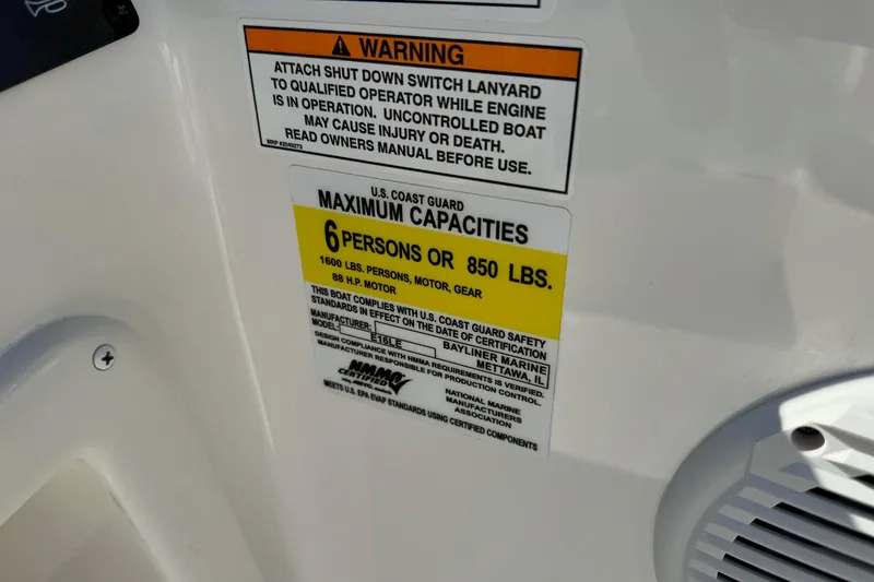 Slide: The Image of Warning label on 2025 Bayliner Element E16, maximum capacity 6 persons or 850 lbs. - 13