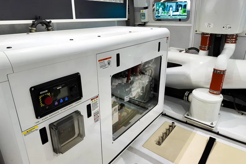 Slide: The Image of Luxury Marlow Voyager Series 2022 yacht docked by waterfront homes and palm trees. - 17