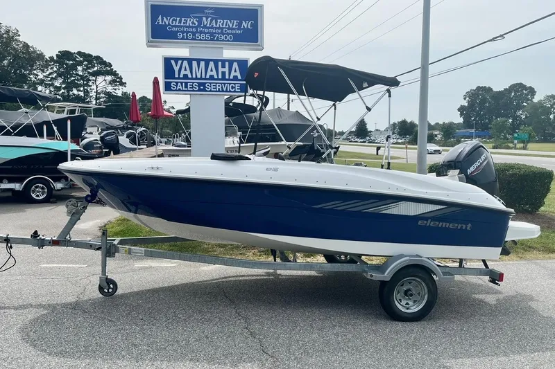 Slide: The Image of 2026 Bayliner Element E16 boat on trailer at Anglers Marine NC dealership. - 3