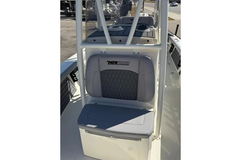 Slide: The Image of 2026 Pathfinder 2400 Open boat seat with logo, showcasing sleek design and comfort. - 36