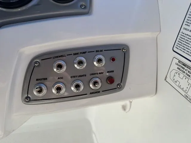 Slide: The Image of Control panel of a 2020 Tahoe 2150 boat with labeled switches and indicators. - 29