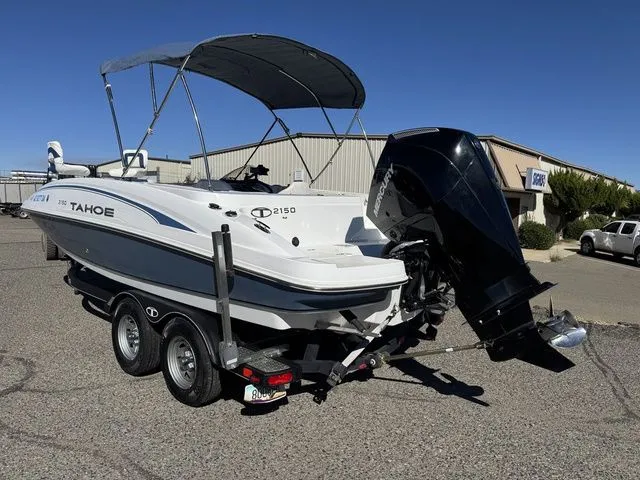 Slide: The Image of 2020 Tahoe 2150 boat on trailer with canopy and outboard motor. - 42
