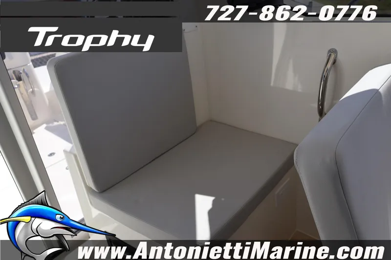 Slide: The Image of 2025 Trophy T 25 Pilothouse interior seating, Antonietti Marine branding, contact number visible. - 23