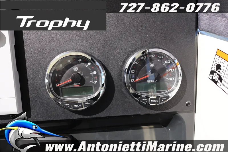 Slide: The Image of 2025 Trophy T 25 Pilothouse dashboard with RPM and speed gauges, Antonietti Marine branding. - 29