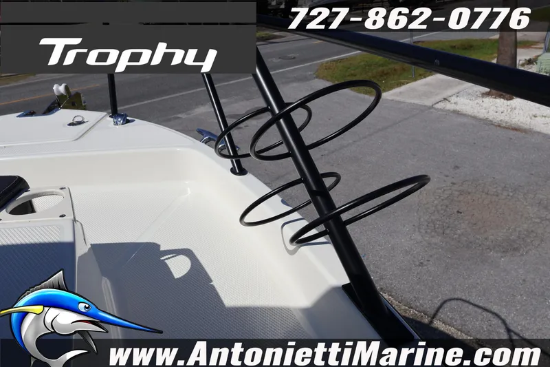 Slide: The Image of 2025 Trophy T 25 Pilothouse boat deck with rod holders, Antonietti Marine branding. - 43