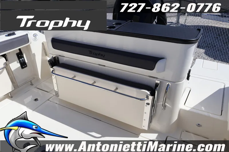 Slide: The Image of 2025 Trophy T 25 Pilothouse boat interior with seating and storage, Antonietti Marine branding. - 51