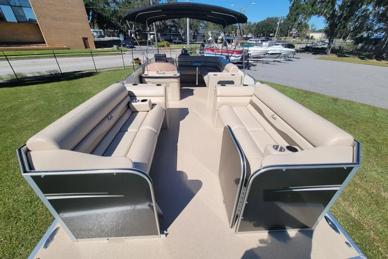 Slide: The Image of 2022 Fiesta 22' Fundeck L Sofa RE Deluxe pontoon boat with spacious seating and canopy. - 7