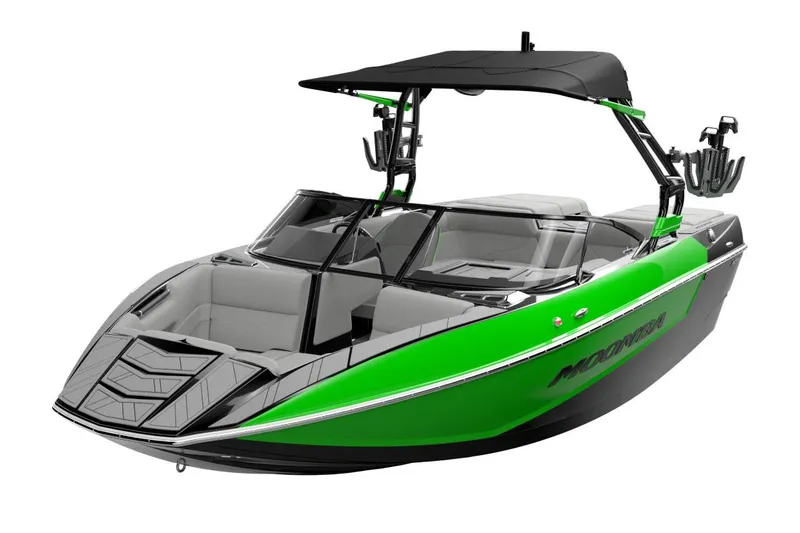 Slide: The Image of Manufacturer Provided Image: 2026 Moomba Mondo boat with vibrant green and black design, featuring a sleek, modern build. - 6