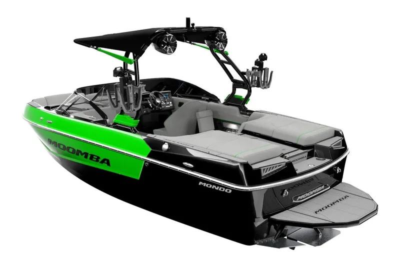 Slide: The Image of Manufacturer Provided Image: 2026 Moomba Mondo boat, black and green, sleek design, rear view, modern features. - 7
