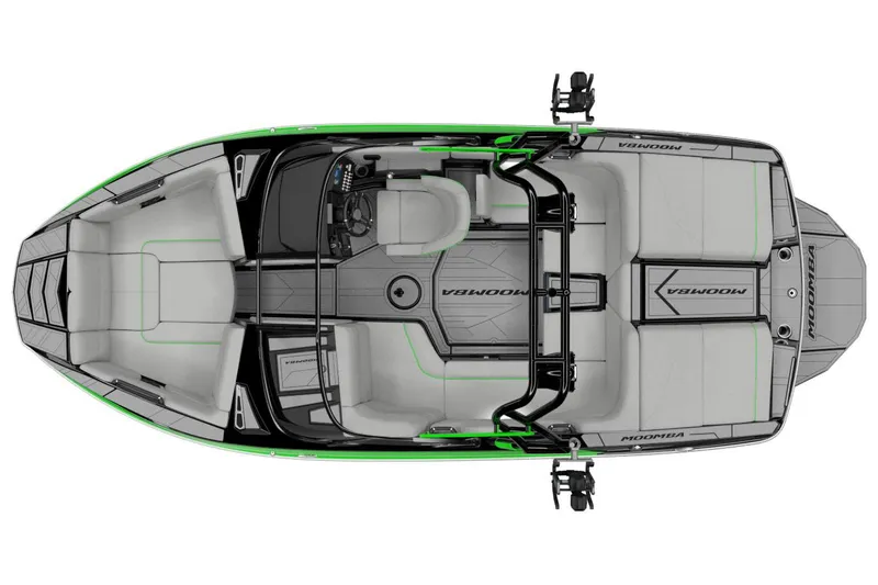 Slide: The Image of Manufacturer Provided Image: 2026 Moomba Mondo boat, top view, sleek design, spacious seating, modern features, green accents. - 9