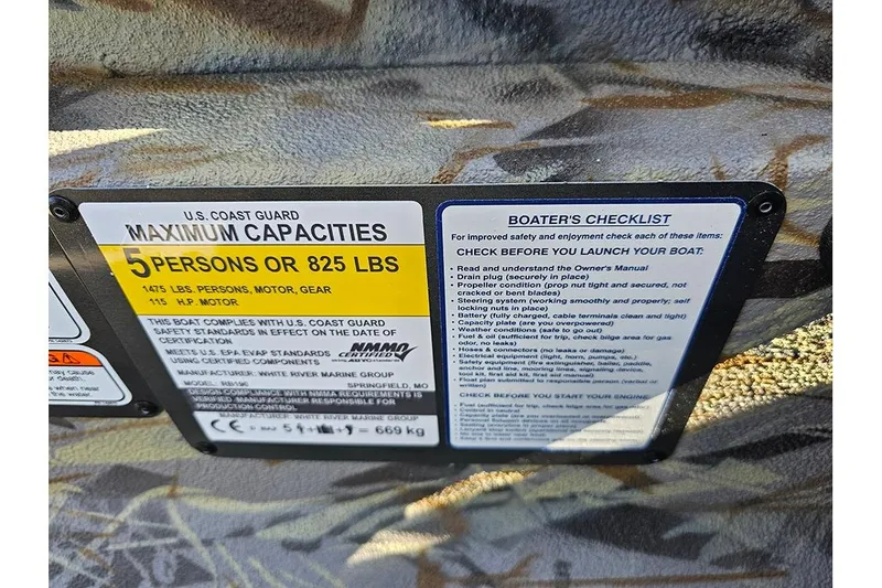 Slide: The Image of 2026 Ranger RB190 boat capacity and safety checklist label, maximum 5 persons or 825 lbs. - 18