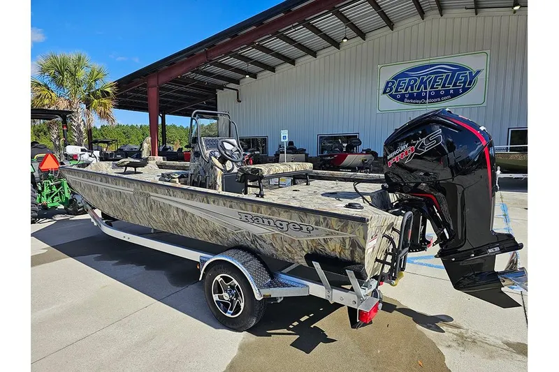 Slide: The Image of 2026 Ranger RB190 boat with camo design and Mercury Pro XS engine at Berkeley Outdoors. - 3
