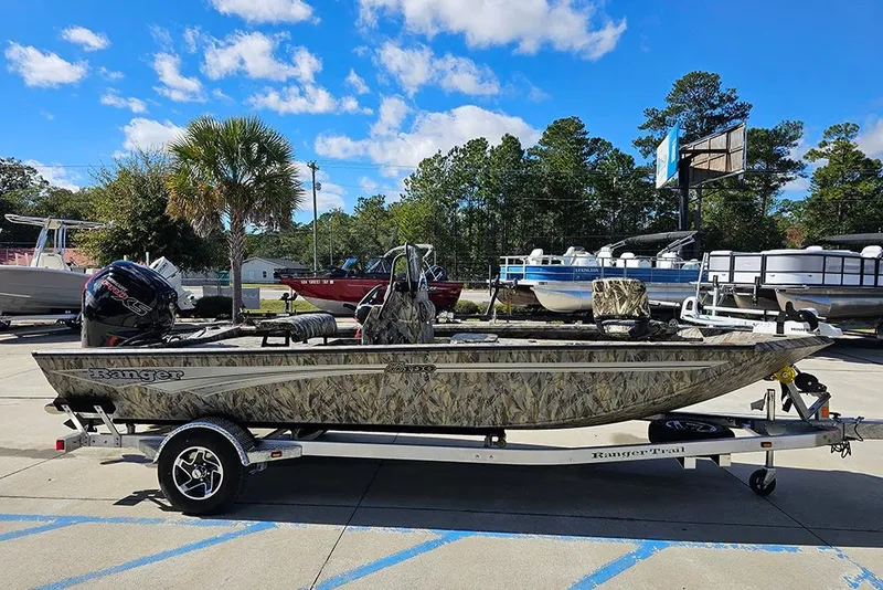 Slide: The Image of 2026 Ranger RB190 boat with camouflage design on a trailer, parked outdoors. - 6