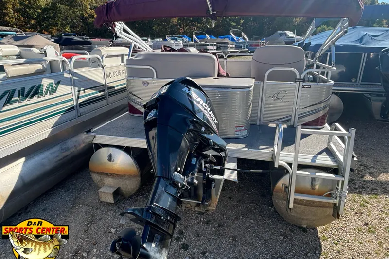 Slide: The Image of 2019 Qwest Edge 816 CR pontoon boat with Mercury outboard motor at D&R Sports Center. - 3