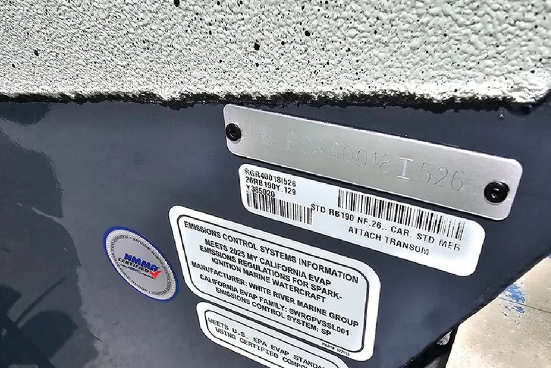 Slide: The Image of 2026 Ranger RB190 boat identification and emissions control labels on transom. - 22