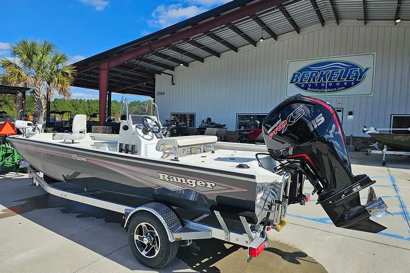 Slide: The Image of 2026 Ranger RB190 boat with Mercury engine at Berkeley Outdoors dealership. - 3