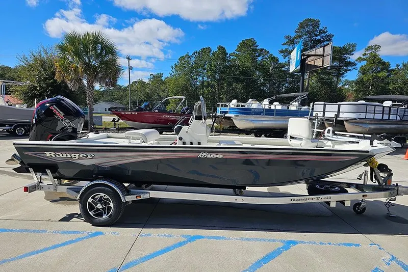 Slide: The Image of 2026 Ranger RB190 boat on trailer, parked outdoors under blue sky. - 6
