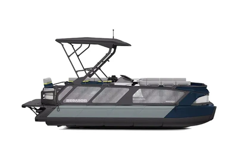 Slide: The Image of 2025 Sea-Doo Switch Cruise Limited 21 pontoon boat, side view, with canopy and seating. - 17