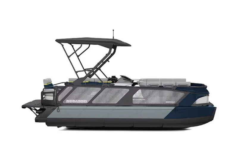 Slide: The Image of 2025 Sea-Doo Switch Cruise Limited 21 pontoon boat, side view, sleek design. - 11