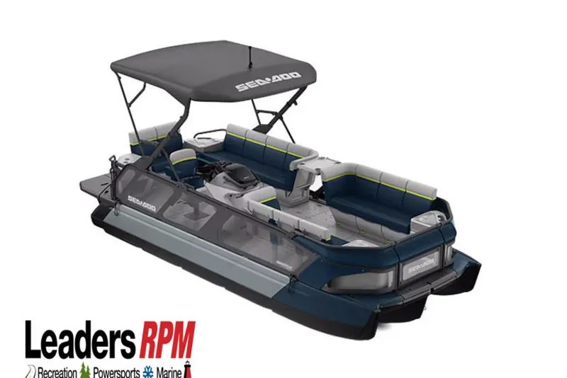 Slide: The Image of 2025 Sea-Doo Switch Cruise Limited 21 pontoon boat with canopy and seating, Leaders RPM logo. - 26