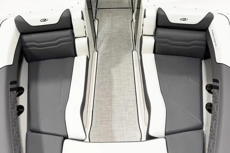 Slide: The Image of Luxurious interior of 2026 Regal LX9 boat with sleek gray and white seating. - 10