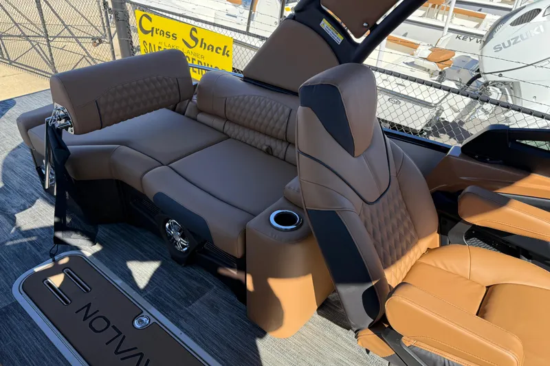 Slide: The Image of 2026 Avalon Catalina Quad Lounger Windshield with luxurious tan seating and modern design. - 43