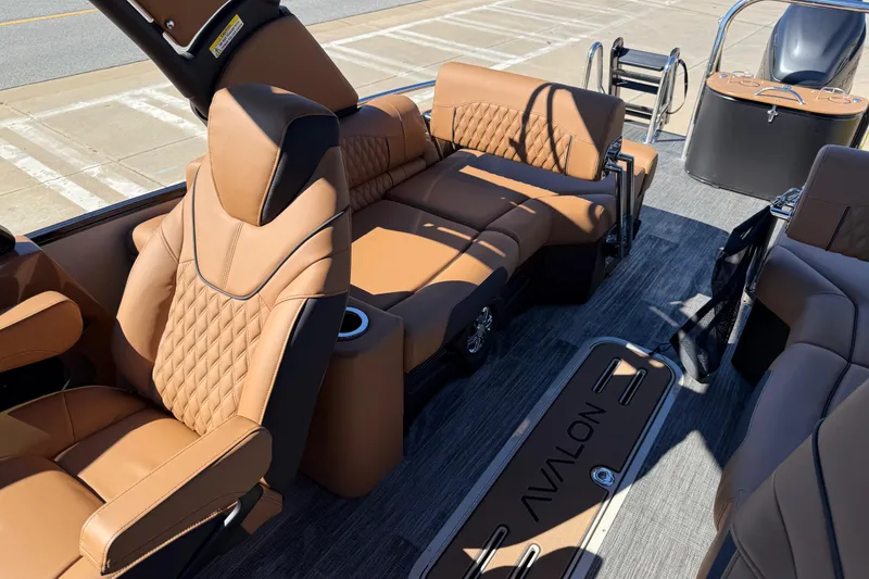Slide: The Image of Luxurious interior of 2026 Avalon Catalina Quad Lounger Windshield with tan leather seating. - 46