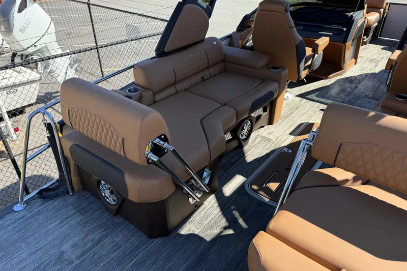 Slide: The Image of Luxurious seating on 2026 Avalon Catalina Quad Lounger Windshield boat, featuring premium upholstery. - 60