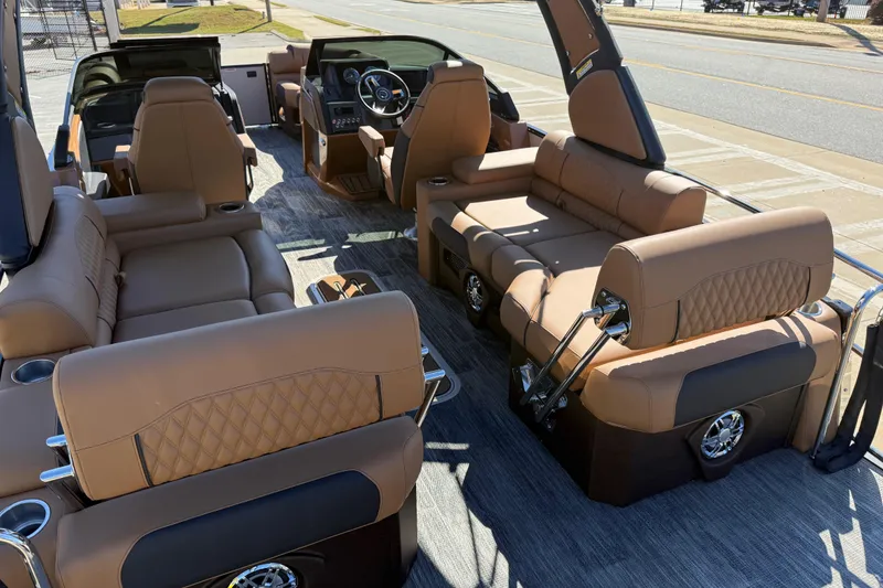 Slide: The Image of 2026 Avalon Catalina Quad Lounger Windshield with luxurious tan seating and modern design. - 61