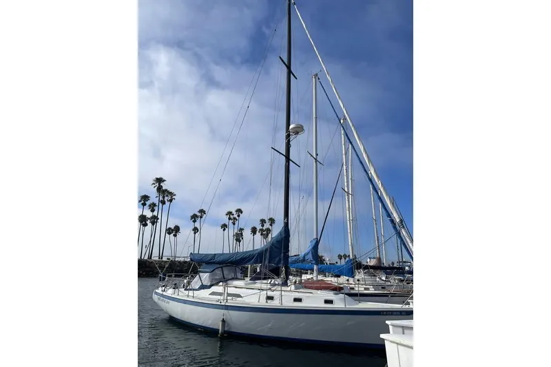 The Image of 1986 Ericson 381 sailboat docked in marina, surrounded by palm trees and clear blue sky. - 0