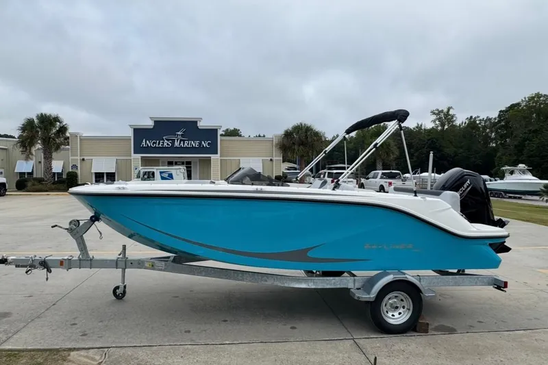 Slide: The Image of 2026 Bayliner M19 boat on trailer at Anglers Marine NC dealership. - 1