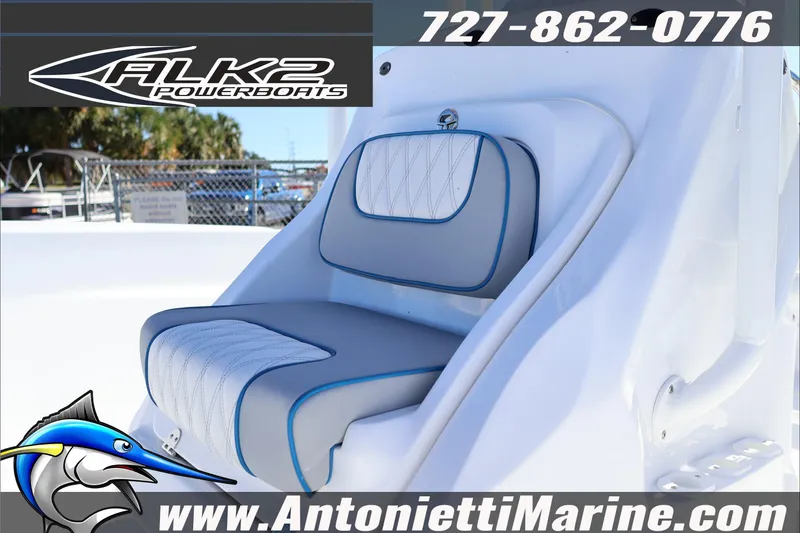 Slide: The Image of 2026 ALK2 Powerboats 22 CRS seat detail with logo and contact information. - 11
